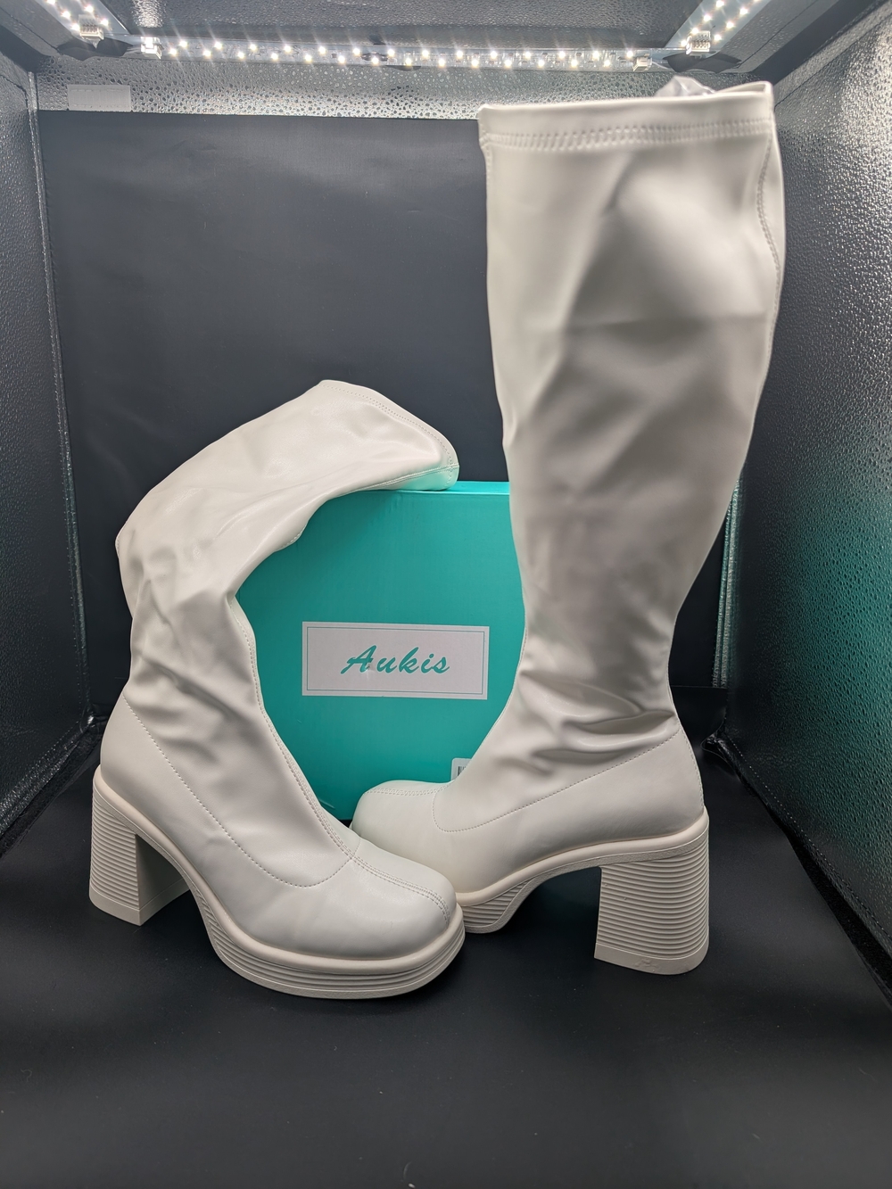 Aukis White Over-the-Knee Platform Block Heel Boots